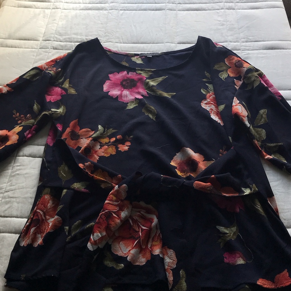 Floral Women's Top - Navy and Pink and Orange Flowers